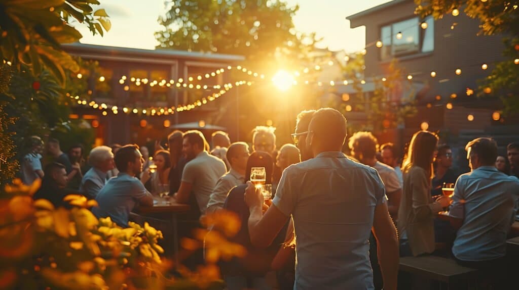 Home a group of people enjoy a social evening at an outdoor venue with festive lights as the sun sets.